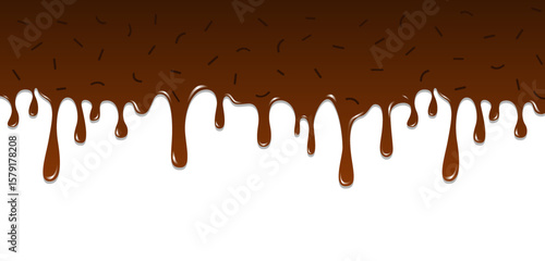 Realistic dripping brown chocolate with sprinkles illustration isolated on white background. World Chocolate Day celebration element