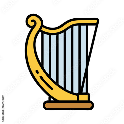 A beautifully illustrated cartoon style golden harp with light blue strings