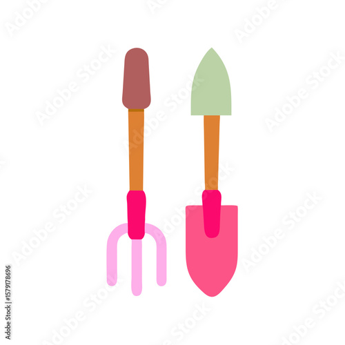 Adorable Pink and Green Gardening Tools on White Background in Flat Design