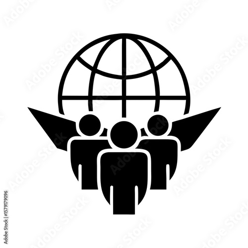 Three people with wings against a globe as a symbolic representation of unity and support around the world