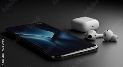 Wallpaper Mural Sleek smartphone and wireless earbuds rest on a dark surface, showcasing modern technology and minimalist design. Torontodigital.ca
