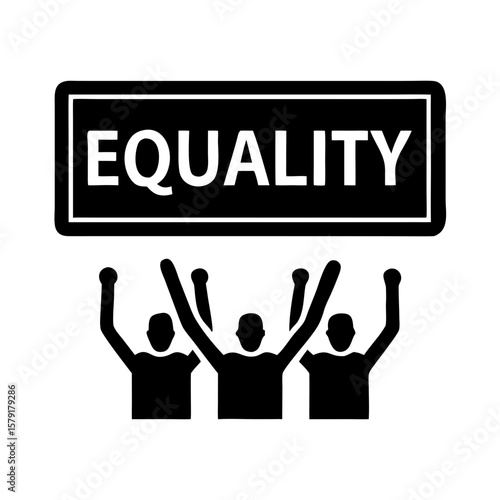 Three people raise their hands in protest with a placard reading equality