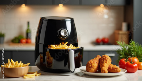 Delicious Fried Chicken and Fries Cooked in Air Fryer, Kitchen, Food Photography, Modern Environment, Close-up View, Culinary Art