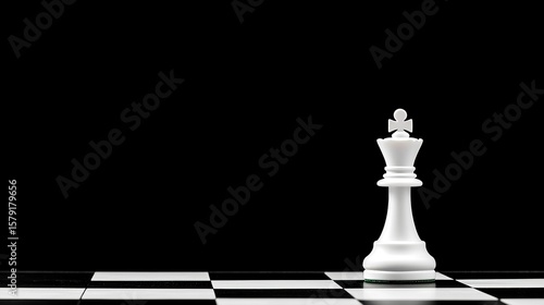A single white king chess piece stands prominently on a black and white chessboard against a pure black background.