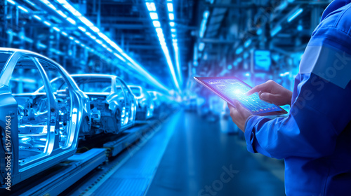 A worker in a blue uniform operates a tablet while observing vehicle assembly at a bright factory. The environment is filled with partially assembled cars and advanced technology
