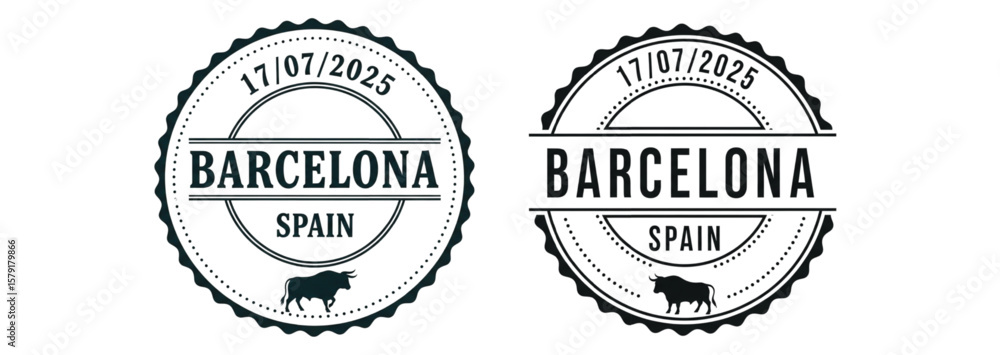 Obraz premium Barcelona Spain stamp design featuring a bull and the date 17/07/2025 in a circular shape.