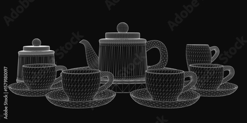 A 3D wireframe tea set features a teapot and various cups with saucers arranged symmetrically on a black background. The white outlines contrast sharply against the dark backdrop.