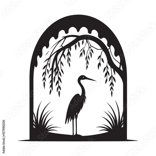 Heron Beneath Drooping Willow Tree Silhouette Vector
