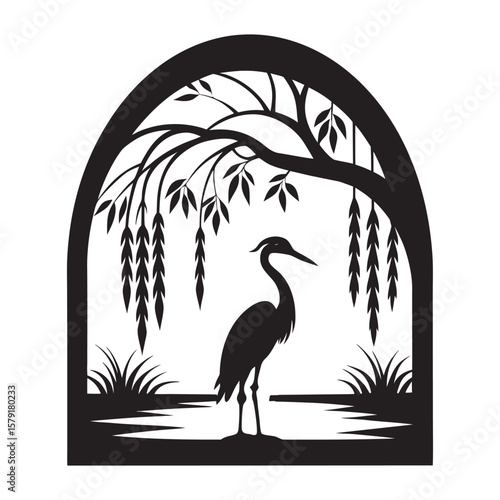 Heron Standing Quietly Beneath Willow Tree