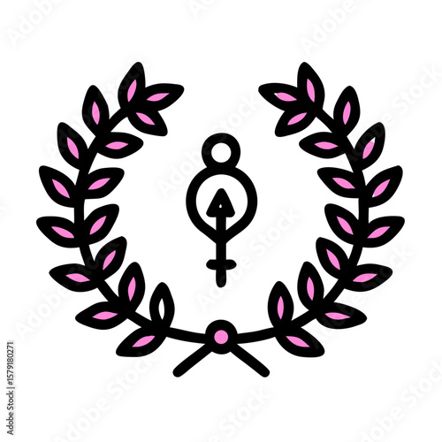 Feminist Empowerment Symbol Encircled by a Wreath of Pink Tipped Leaves