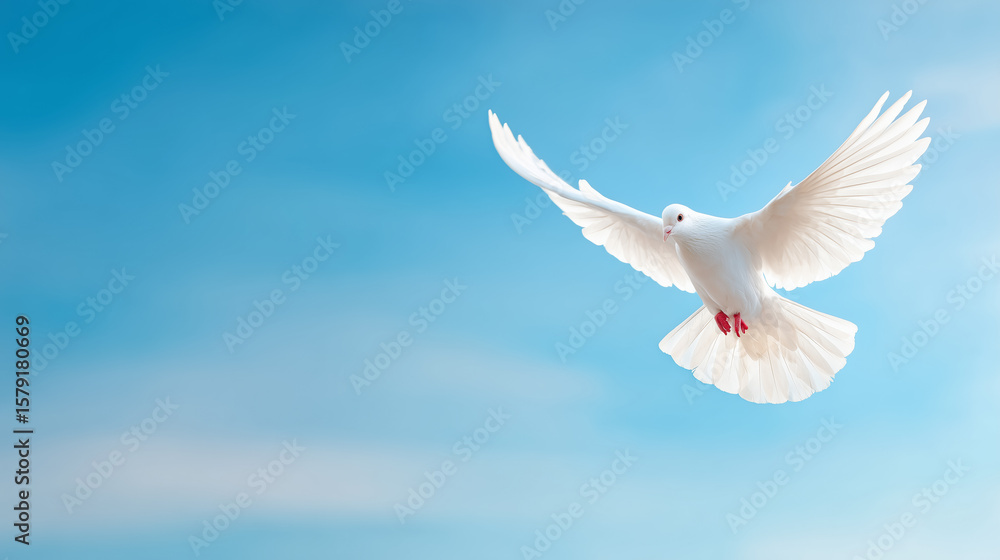 Fototapeta premium A pure white dove is in mid-flight, showcasing its magnificent wingspan against a backdrop of bright blue sky and soft clouds. The scene captures a sense of freedom and peace
