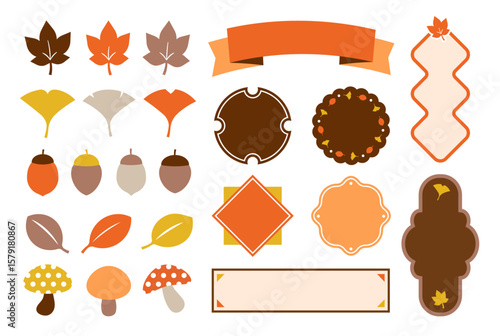 秋の葉っぱやきのこ、どんぐりをあしらった装飾素材セット（リボン フレーム 期間限定 POP ベクター）


