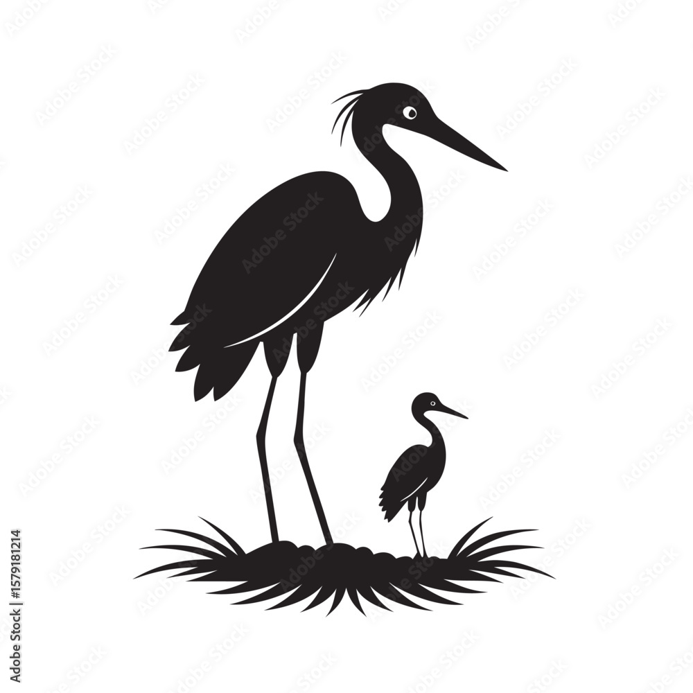 Fototapeta premium Heron Nesting Beside Baby Chick Illustration