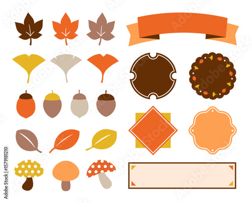秋の葉っぱやきのこ、どんぐりをあしらった装飾素材セット（リボン フレーム 期間限定 POP ベクター）

