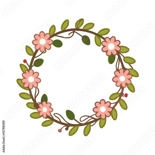 A charming floral wreath design featuring pink blossoms and verdant leaves