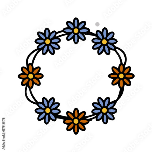 Floral crown of blue and orange daisies on a white background design
