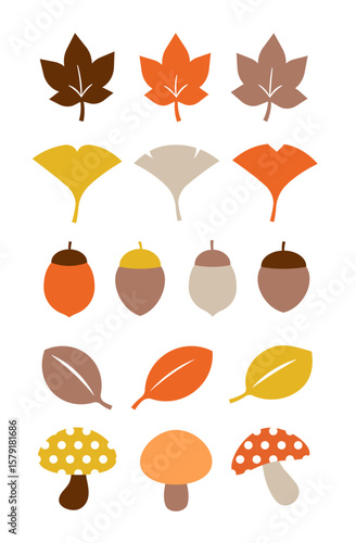 秋の自然モチーフを描いたシンプルなイラストセット（落ち葉 きのこ 紅葉 木の実 装飾素材）

