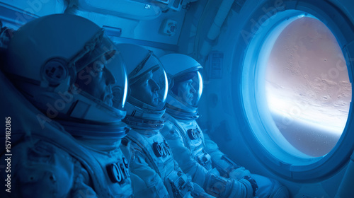 Four astronauts in space suits sit inside a spacecraft, looking through a large circular window at the reddish surface of Mars © ChaoticDesignStudio