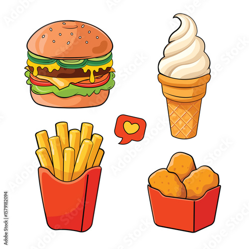 Fast food: cheeseburger, ice cream, french fries and chicken nuggets vector illustration in flat style