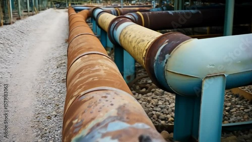 Close-up of rusty metal pipes and joints. Applicable in materials about industry and infrastructure.
