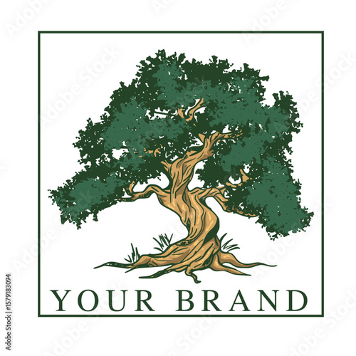 Vintage tree logo design featuring a majestic old tree with sprawling branches inside a circular frame, complemented by a dark ribbon banner for customizable text.