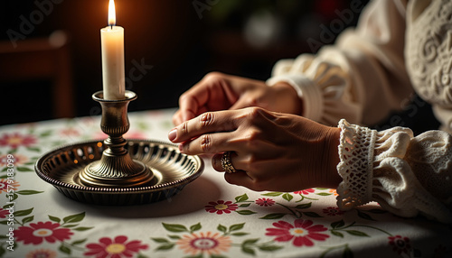 Close-up of hands adjusting candle flame on floral tablecloth  