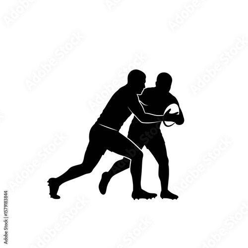 Rugby Silhouette: Dynamic silhouette of two rugby players engaged in intense action, one carrying the ball while being tackled.
