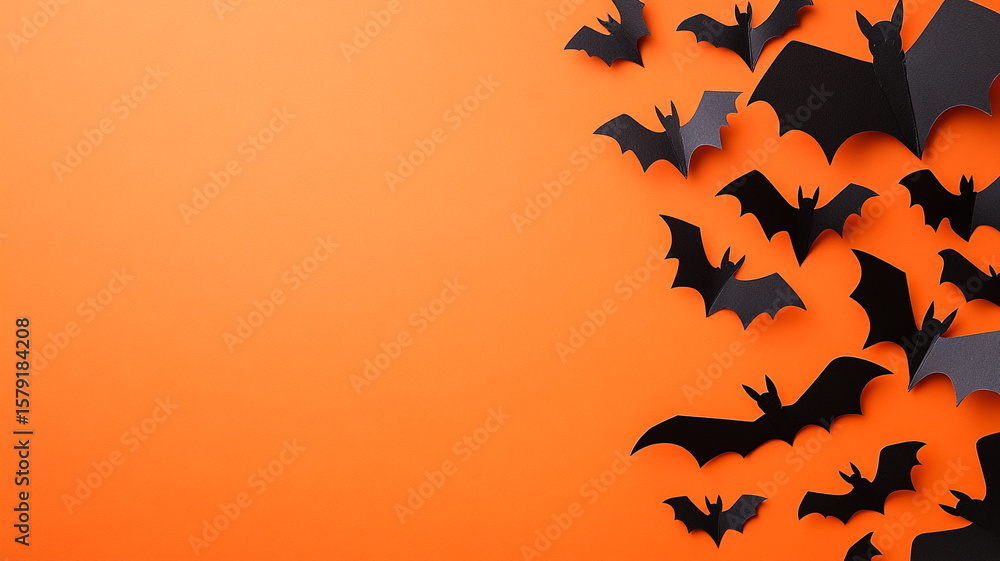 Fototapeta premium Spooky Halloween background with black paper bats on a vibrant orange backdrop, perfect for festive designs.
