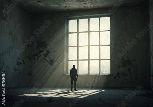 Hopeful Man Silhouette in Abandoned Building Sunlit Window