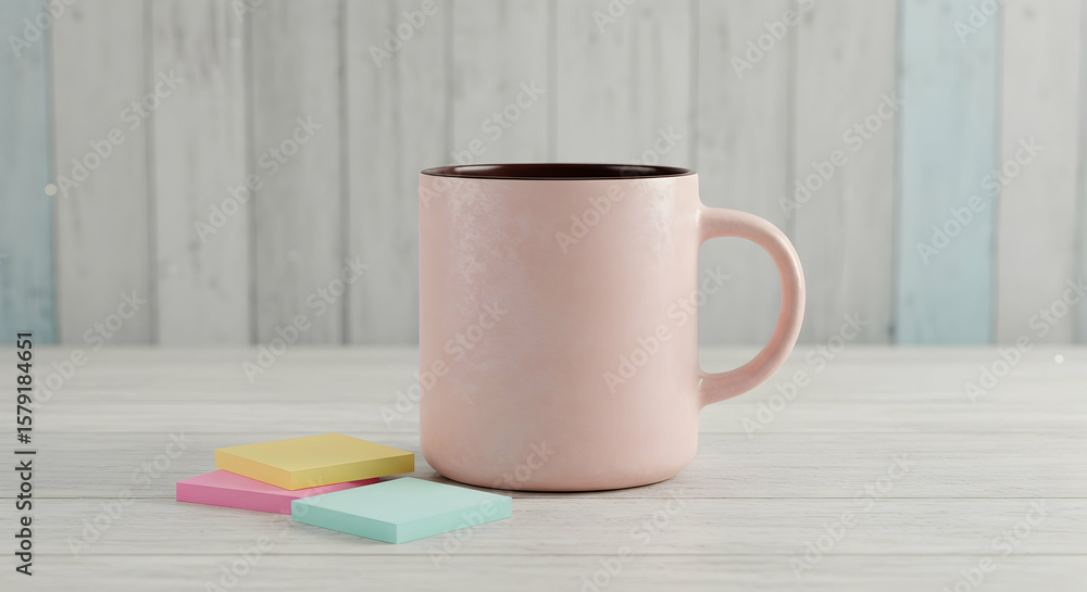Obraz premium Pink ceramic mug with sticky notes on wooden table