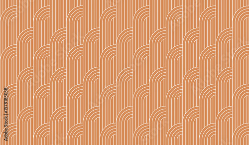 Seamless abstract pattern with curved arches and thin white lines in a soft retro style. The background features, a warm nude caramel latte toffee peach color, creating a cozy, vintage texture.