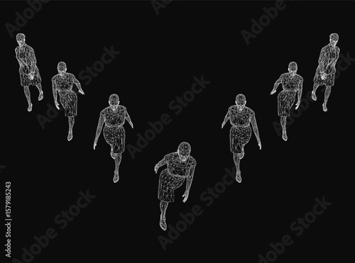 A line of people running in motion creates a dynamic wireframe effect on a black background. The white figures contrast sharply against the dark backdrop, emphasizing speed and movement.