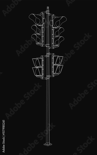 A black and white line drawing of a traffic light mounted on a pole stands against a solid black background. The minimalist design highlights the iconic red, yellow, and green signal lights.