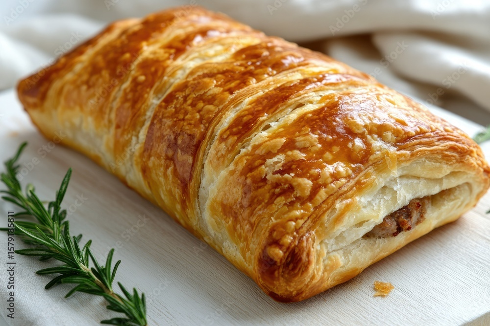 Golden-brown puff pastry filled with savory meat, perfect for a delicious meal. Golden-brown puff pastry filled with savory meat, perfect for a delicious meal.