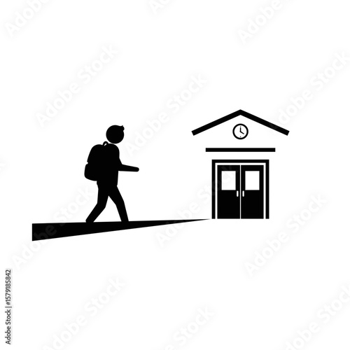 School Pathway: A silhouette of a student, backpack in tow, journeys towards the school building, highlighting the path of education and the pursuit of knowledge.