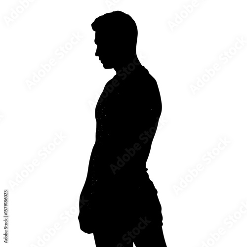 Male silhouette standing sideways with arms relaxed on white background  
