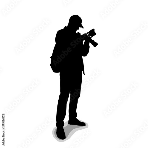 Photographer silhouette holding camera on white background  