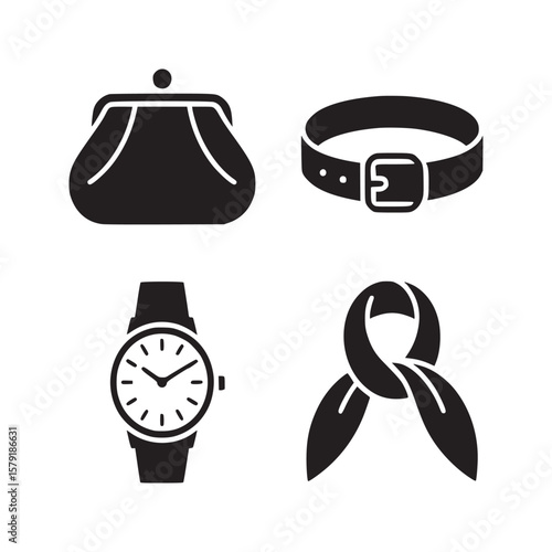 A collection of accessories including a coin purse belt wristwatch and a tied scarf in black silhouette