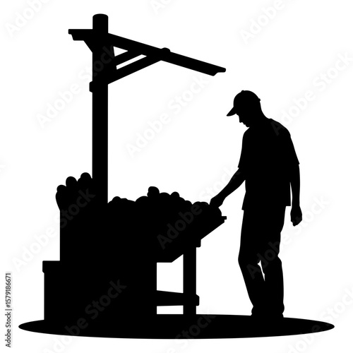 Silhouette of man selecting apples at a fruit stall outdoors  