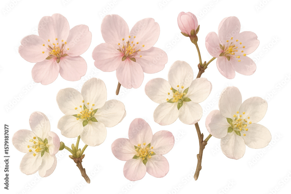 Fototapeta premium Delicate cherry blossoms blooming, revealing soft pink petals with intricate texture, set on transparent backdrop