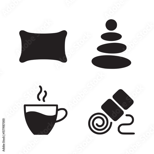 A set of four icons depicting a pillow, stacked stones, a cup of coffee, and a rolled yoga mat design