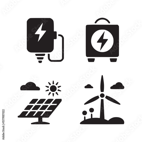 A collection of four black and white icons showcasing renewable energy sources and power generation tools