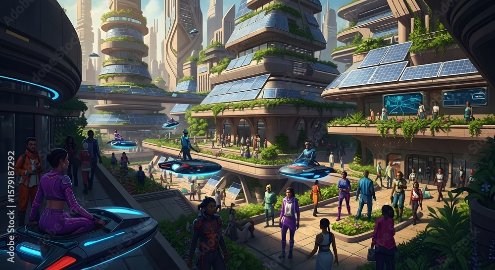 Eco-Friendly Urban Utopia People Enjoying a Futuristic Green Cityscape with Sustainable Architecture and Advanced Transportation. Eco-Friendly Urban Utopia People Enjoying a Futuristic Green Cityscape with Sustainable Architecture and Advanced Transportation.