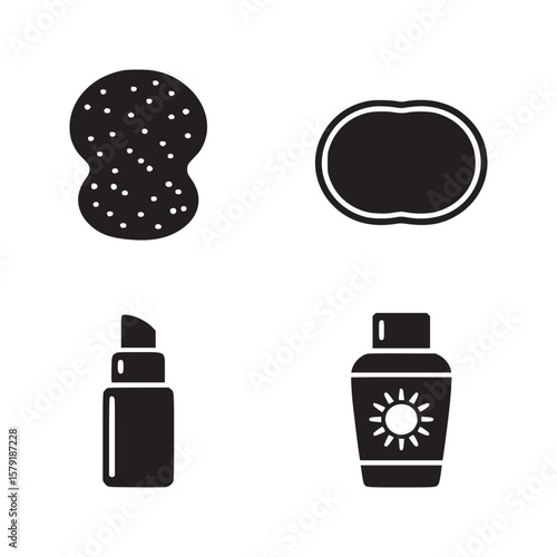 A collection of beauty products including a sponge a compact a lipstick and a sunscreen bottle icon