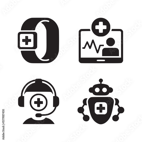 Black medical technology icons showing smartwatch tablet headset and robot on a white background