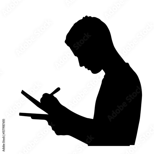 Man drawing and creating artwork in silhouette profile view  