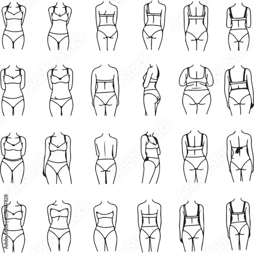 Twenty female body types line art illustrations various shapes sizes underwear bra swimwear black white simple minimalist drawings
