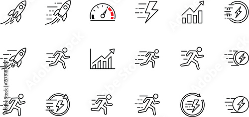 Speed, acceleration line icon set. Vector pictograms of fast movement, progress, quick actions, rocket, speedometer, lightning bolt, rapid growth dynamic