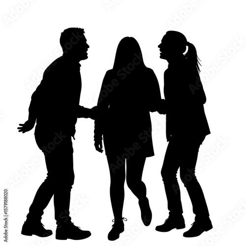 Group of three friends talking and laughing in silhouette  