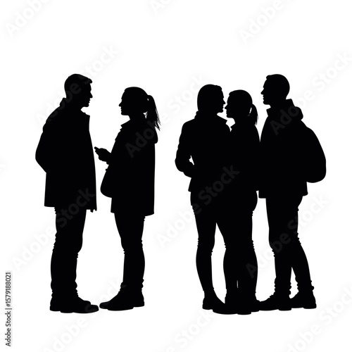 Silhouettes of four people engaged in conversation against white background  